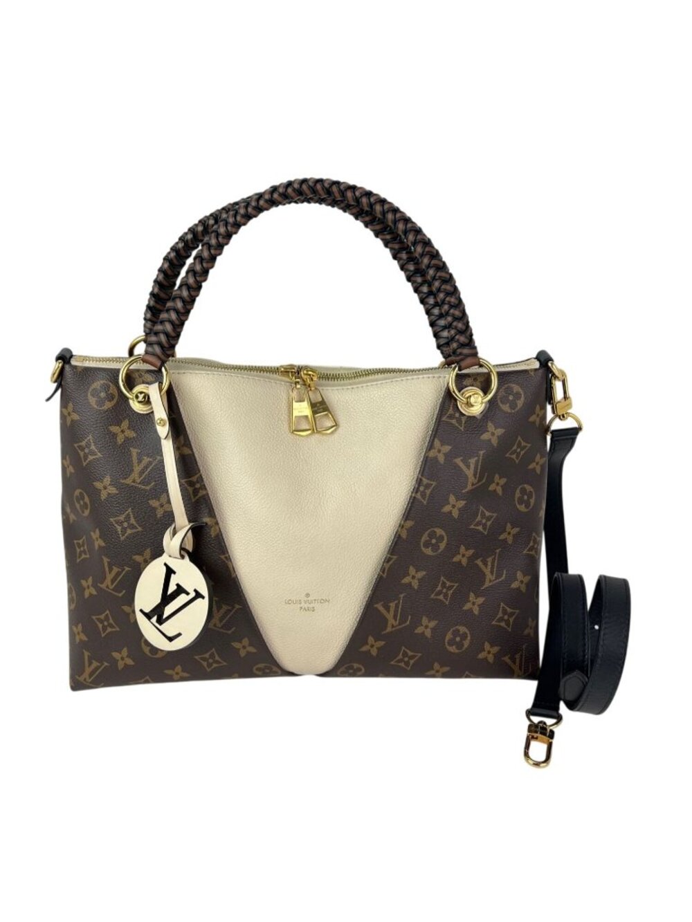 Louis Vuitton Braided V Tote MM Cream Leather Canvas Shoulder Hand Bag